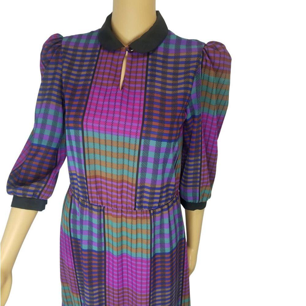 80s Secretary Purple Midi Dress Plaid Peep Hole Puffed French Sleeve Size 7P